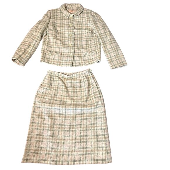 Vintage 1950s Prestige David Presson Wool Plaid Skirt Suit Set Jacket Mod Size S - Picture 1 of 16